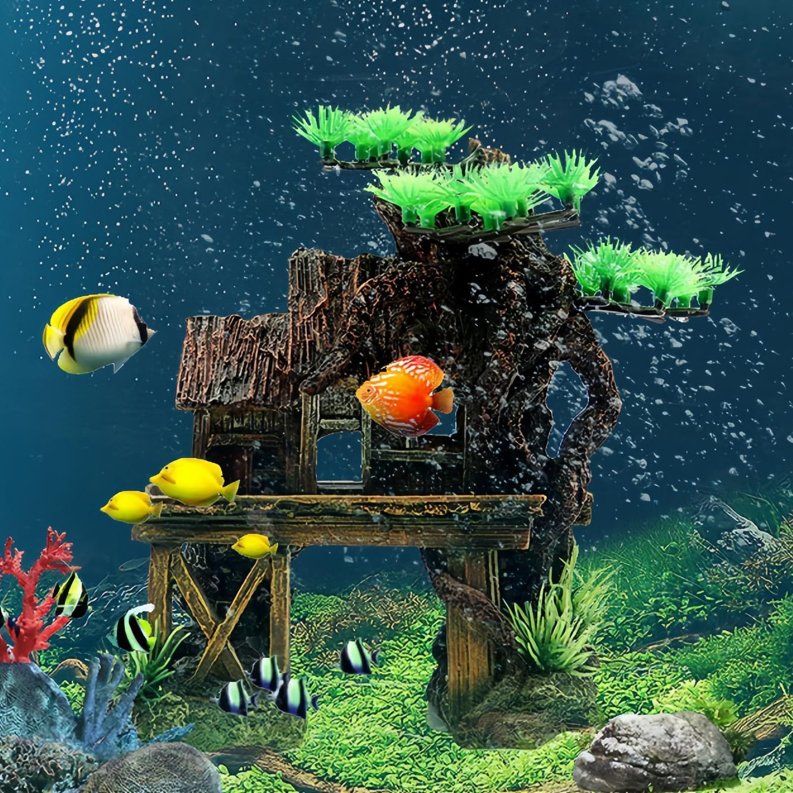Aquarium Decorations Fish Tank Ornaments House on Terrace with Tree Root Resin Handicrafts for Betta Fish — image 3