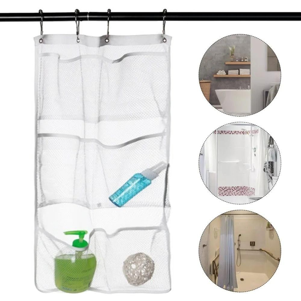 Mesh Shower Organizer Hanging, 6 Pockets Bath Shower Hanging Bathroom Shower Curtain Rod Accessories — image 4