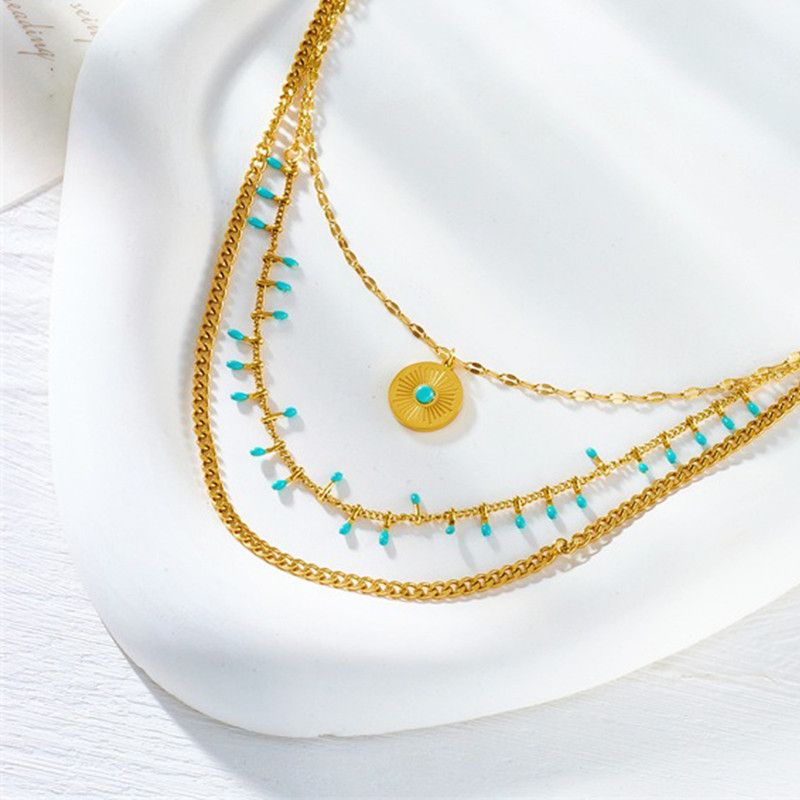 Bohemian-Style Three-Tier Turquoise Necklace with 18K Gold-Plated Titanium Collar Chain — image 3