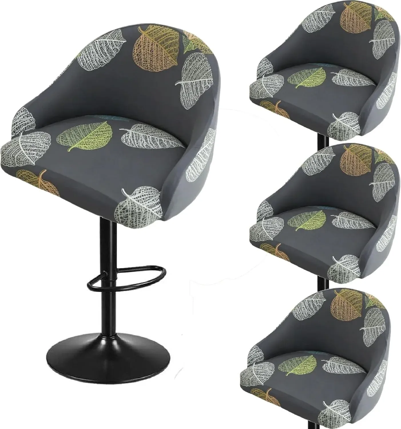 Square Saddle Bar Stool Covers Set of 4, Stretch Jacquard Washable Seat Slipcovers, Gray Pattern 1