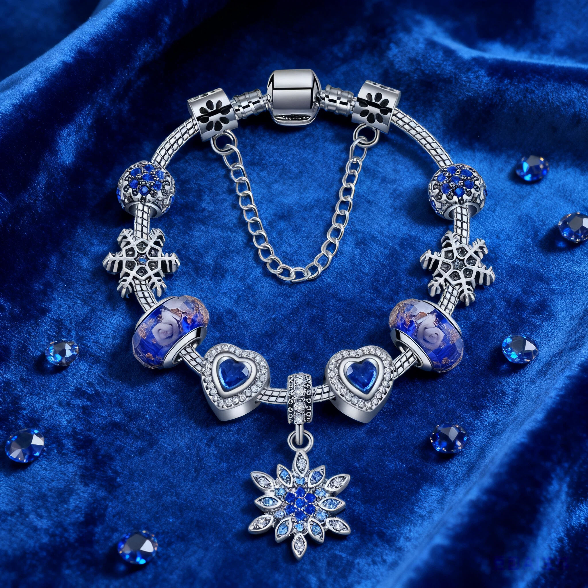 Blue Cat’s Eye & Glass Bead Bracelet – Rhinestone Snowflake Pendant(17cm) — image 5