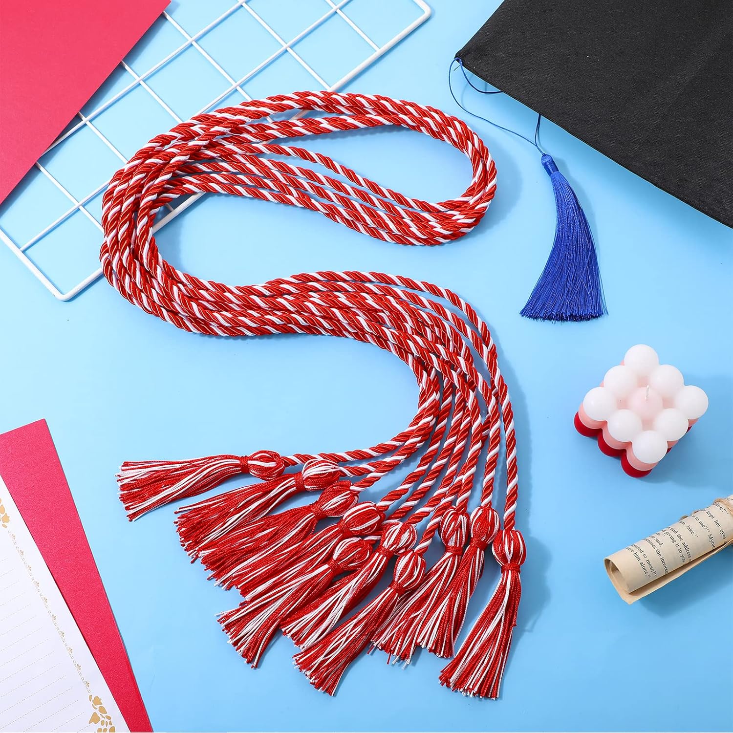18 Pieces Graduation Cords Bulk 2026 Polyester Yarn Honor 67 Inch Braided Ropes with Tassels for College Students (Red and White) Red White — image 3