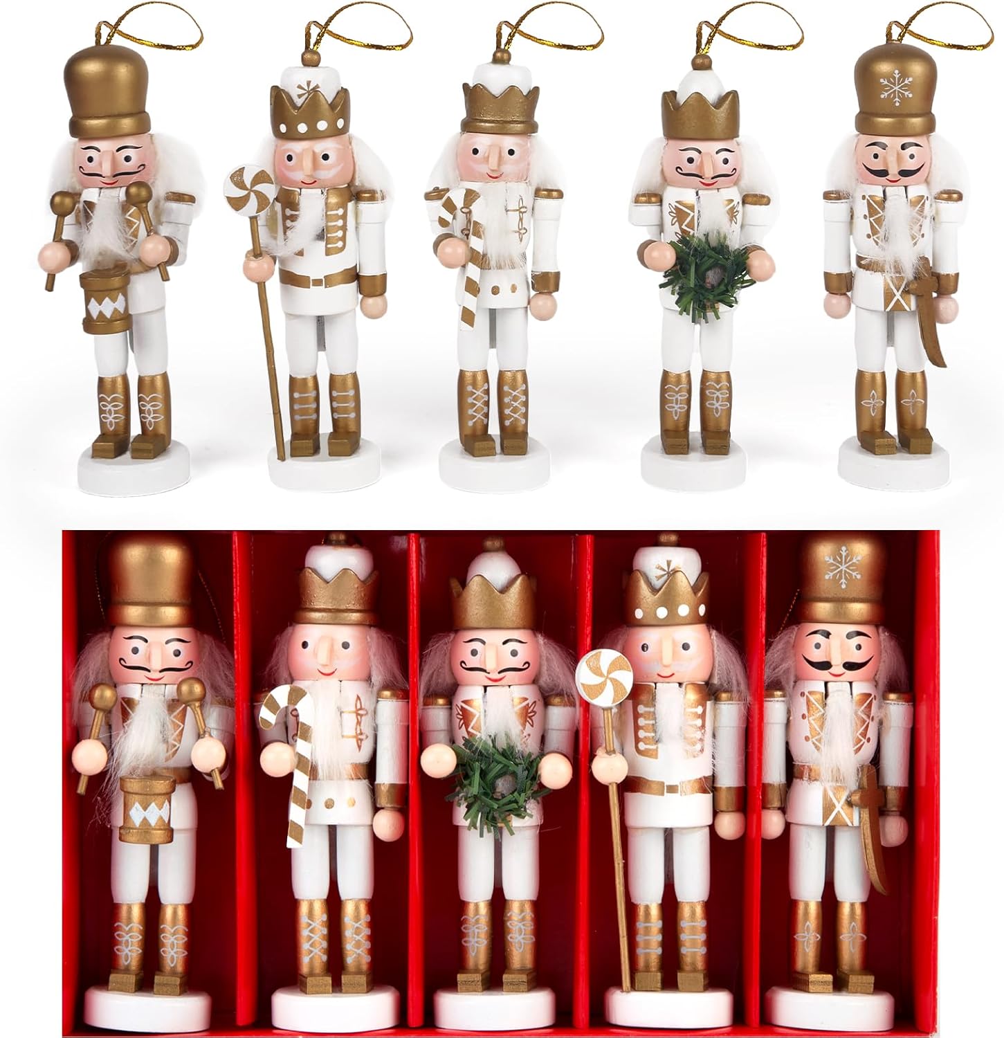 5PCS Nutcracker Christmas Decor, Wooden Nutcracker Hanging Ornaments Soldier for Christmas Tree Gift Shelves Table Decoration (5inch)