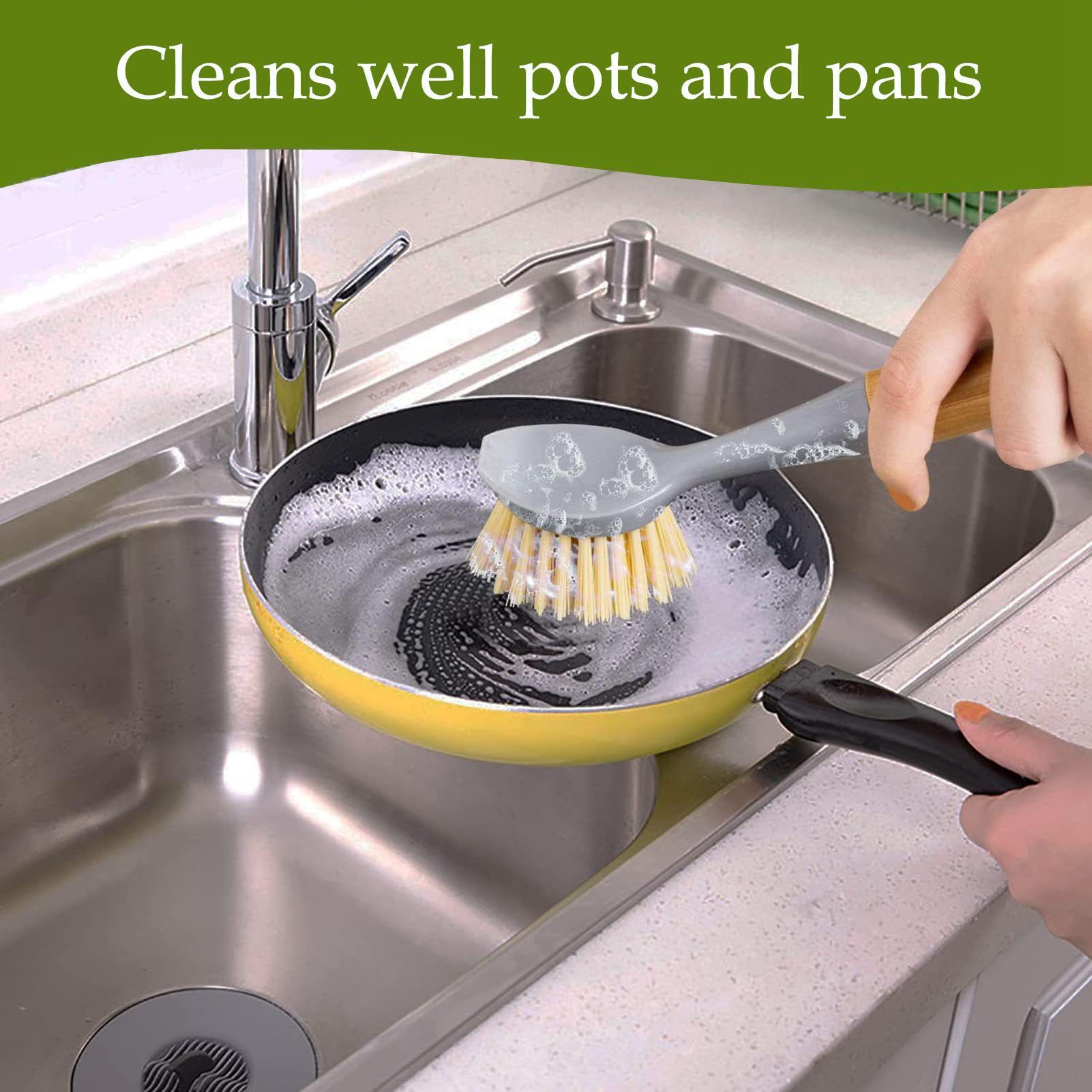2 Pack Kitchen Dish Brush Bamboo Handle Dish Scrubber Built-in Scraper, Scrub Brush for Pans, Pots, Kitchen Sink Cleaning — image 2
