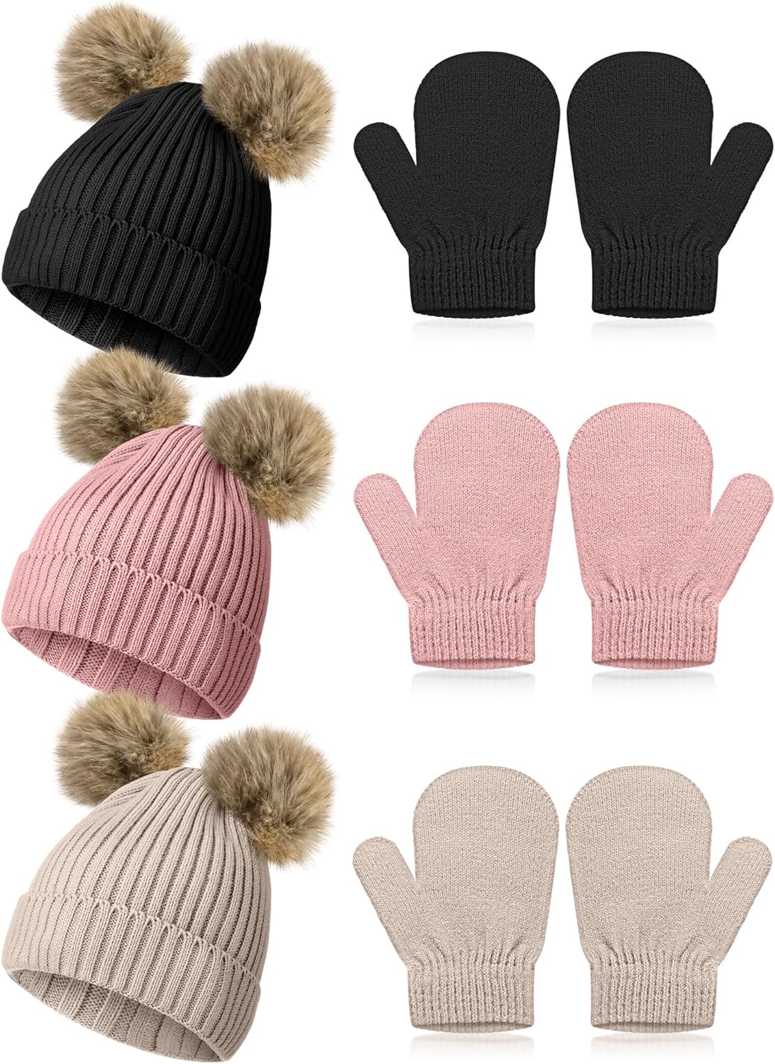 3 Set Toddler Hat Glove Set, Kids Winter Hats Warm Knitted Beanie Mittens Gloves with Bow for Baby Girls Boys 0-6Y