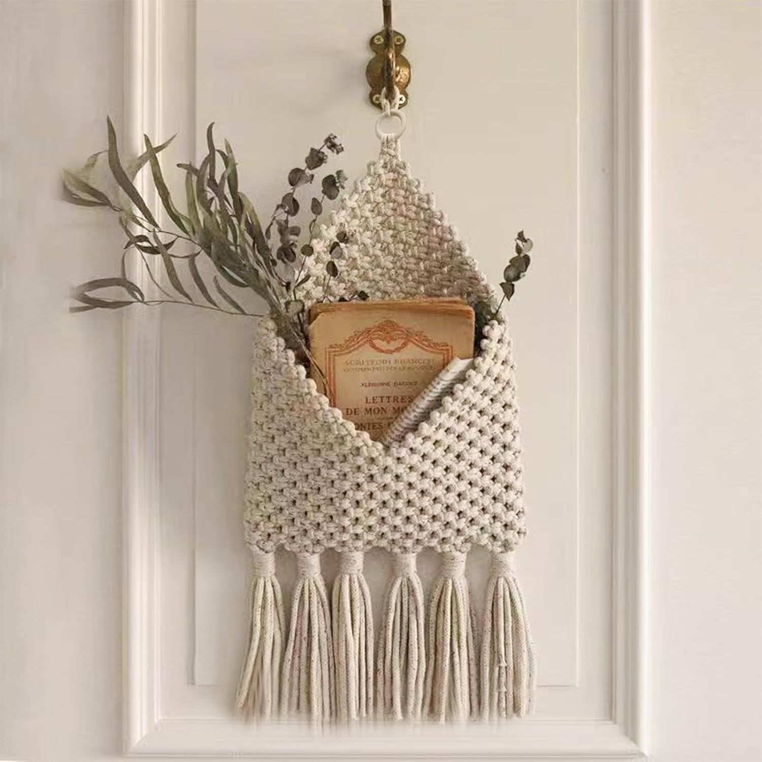 Hanging Woven Basket for Boho Home Office Decor, Over the Door Key and Mail Letter Envelope Holder for Entryway Hallway,white — image 4