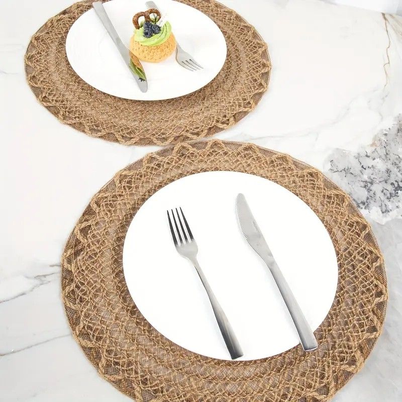 4pcs Nordic Style Round Table Mat, Exquisite Openwork Weave, Polyester Hemp-Like Texture, 38cm Dining Mat, Heat-Resistant and Easy to Care For โ image 4