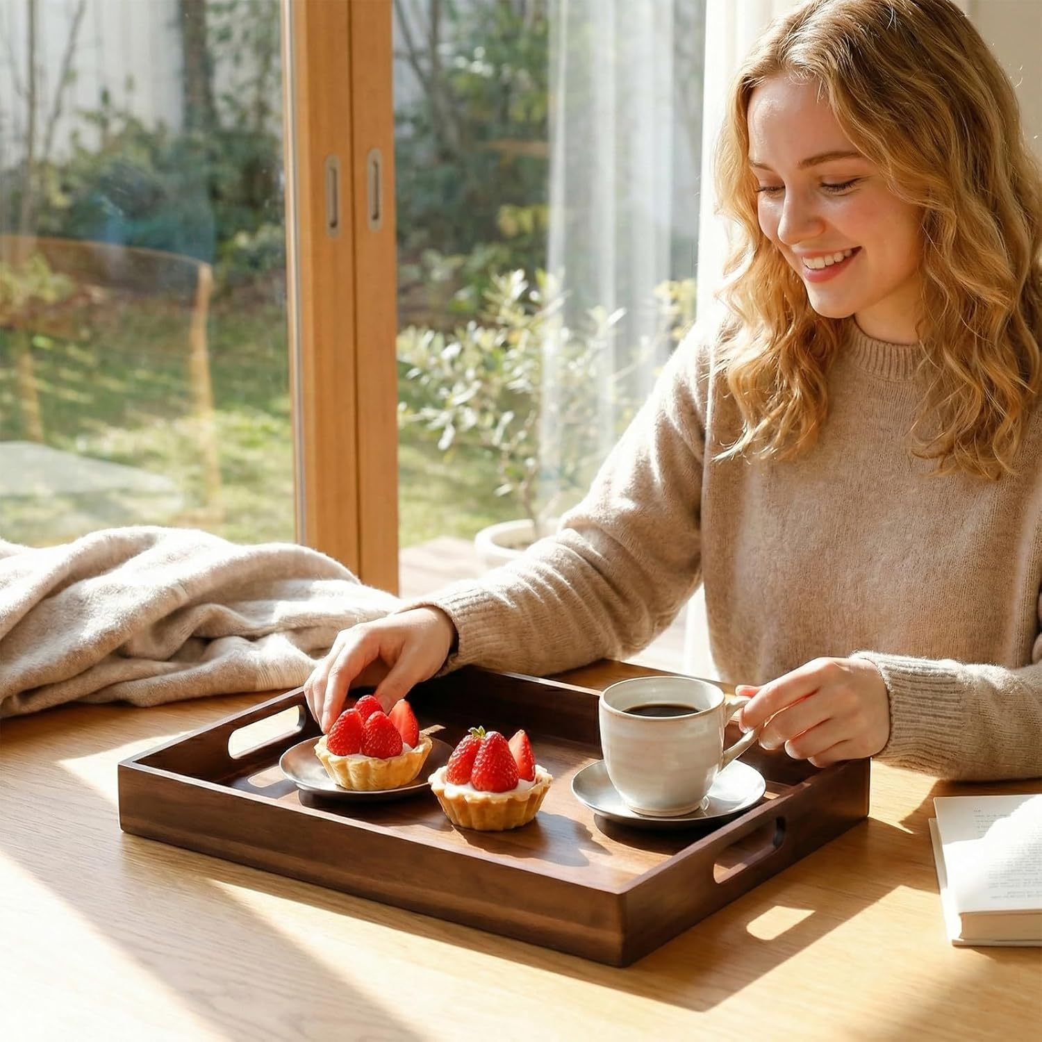 Acacia Wood Serving Tray with Handles, 17 Inch Wooden Tray for Ottoman, Breakfast, Lunch, Dinner, Decorative Rectangular Tray for Living Room, Kitchen Counter — image 4