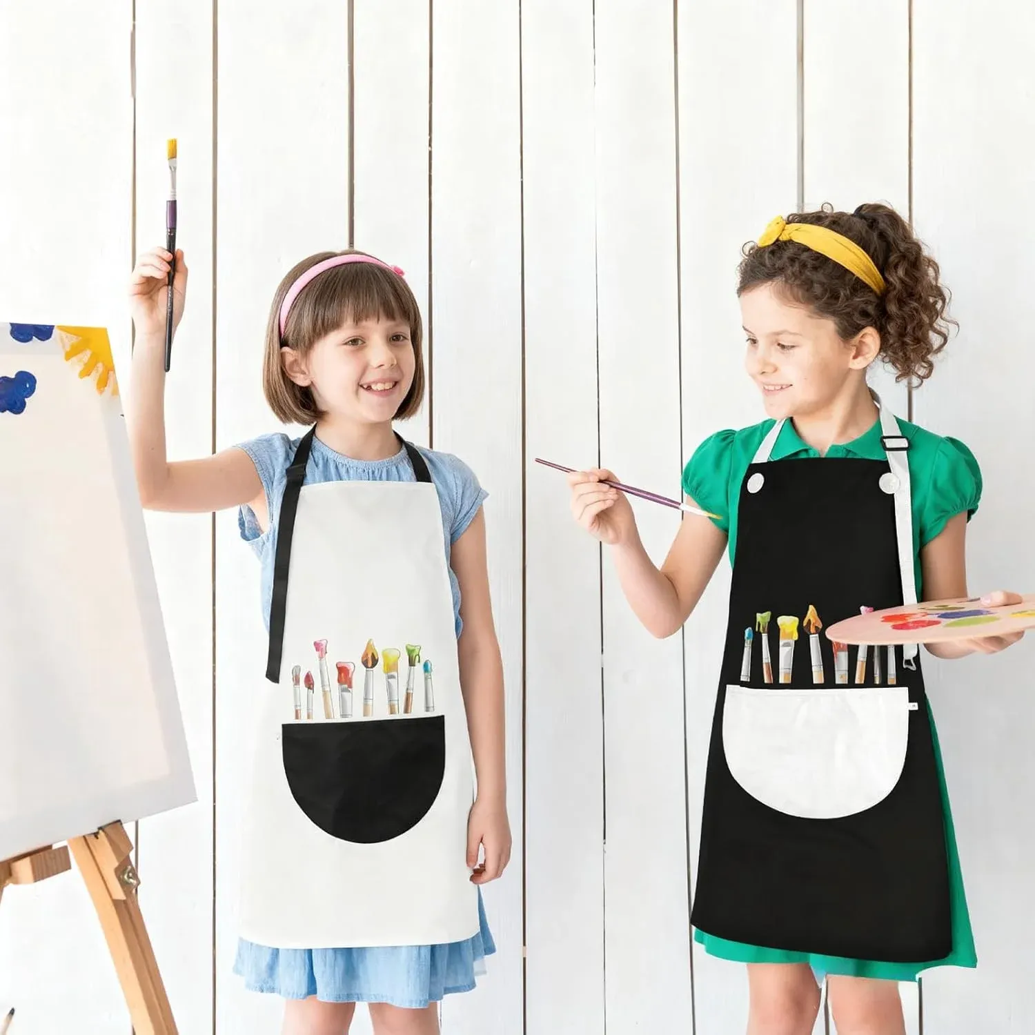 2 Pcs Kids Art Aprons, Adjustable Waterproof Bib Aprons with Large Pockets for Boys Girls Painting Cooking Gardening, Black White โ image 5