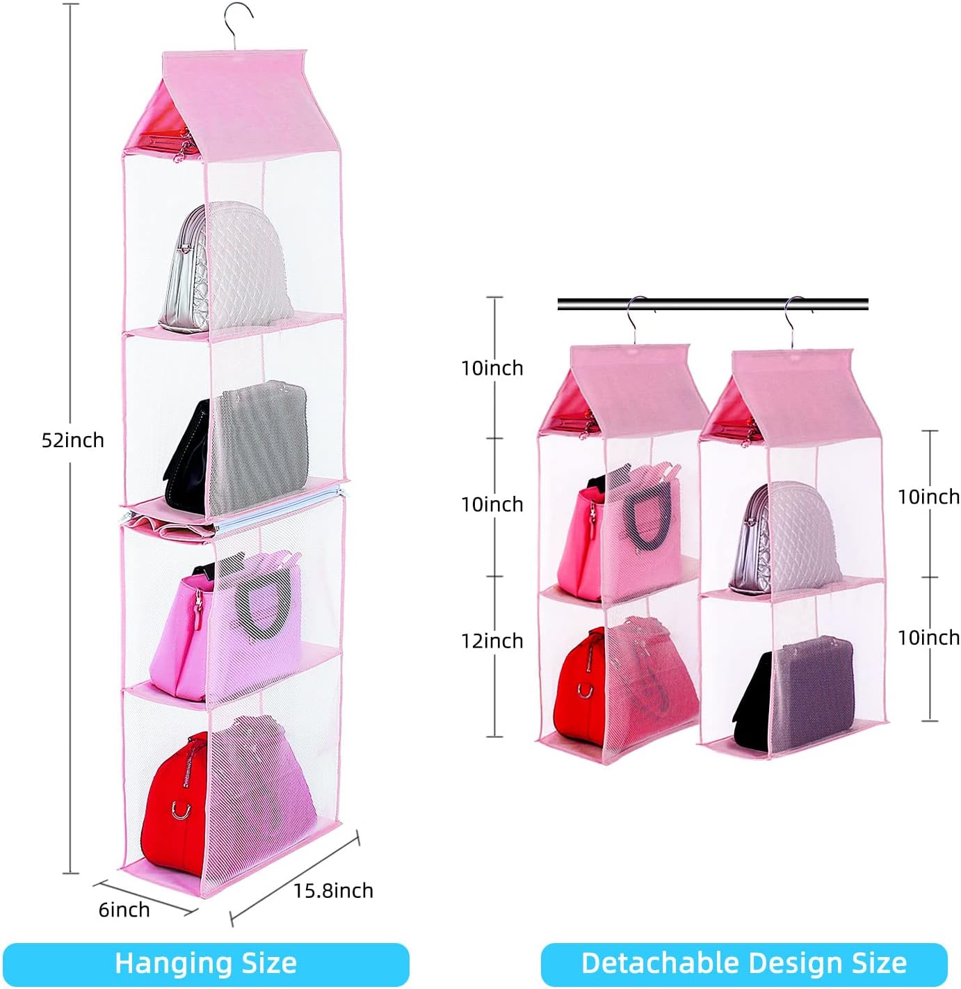 Closet Purse Organizer, Hanging Handbag Organizer with 4 Heavy-Duty Mesh Shelves Closet Purse Storage Bag (Pink) — image 3