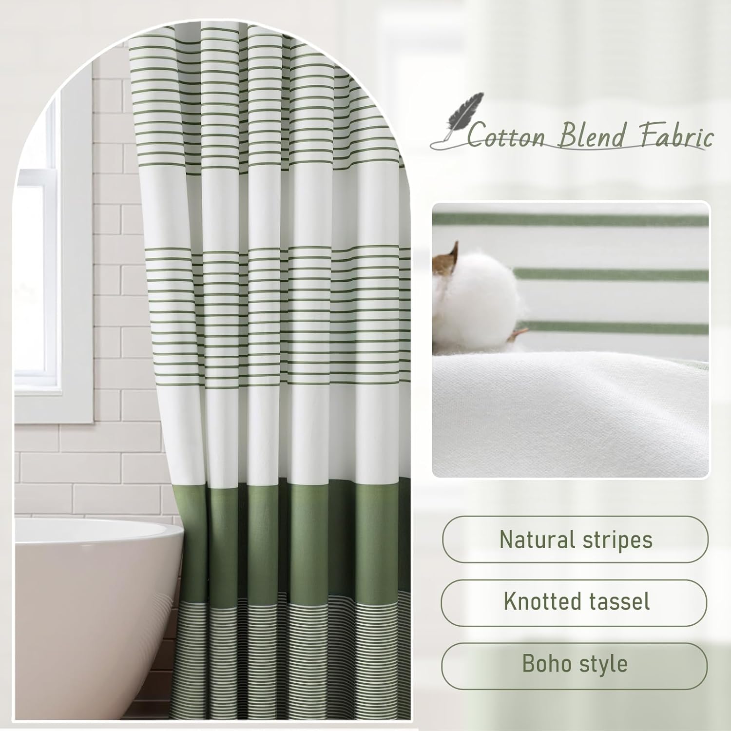Sage Green Shower Curtain Cotton Boho Striped Shower Curtains for Bathroom with Tassel 72 × 72 — image 2