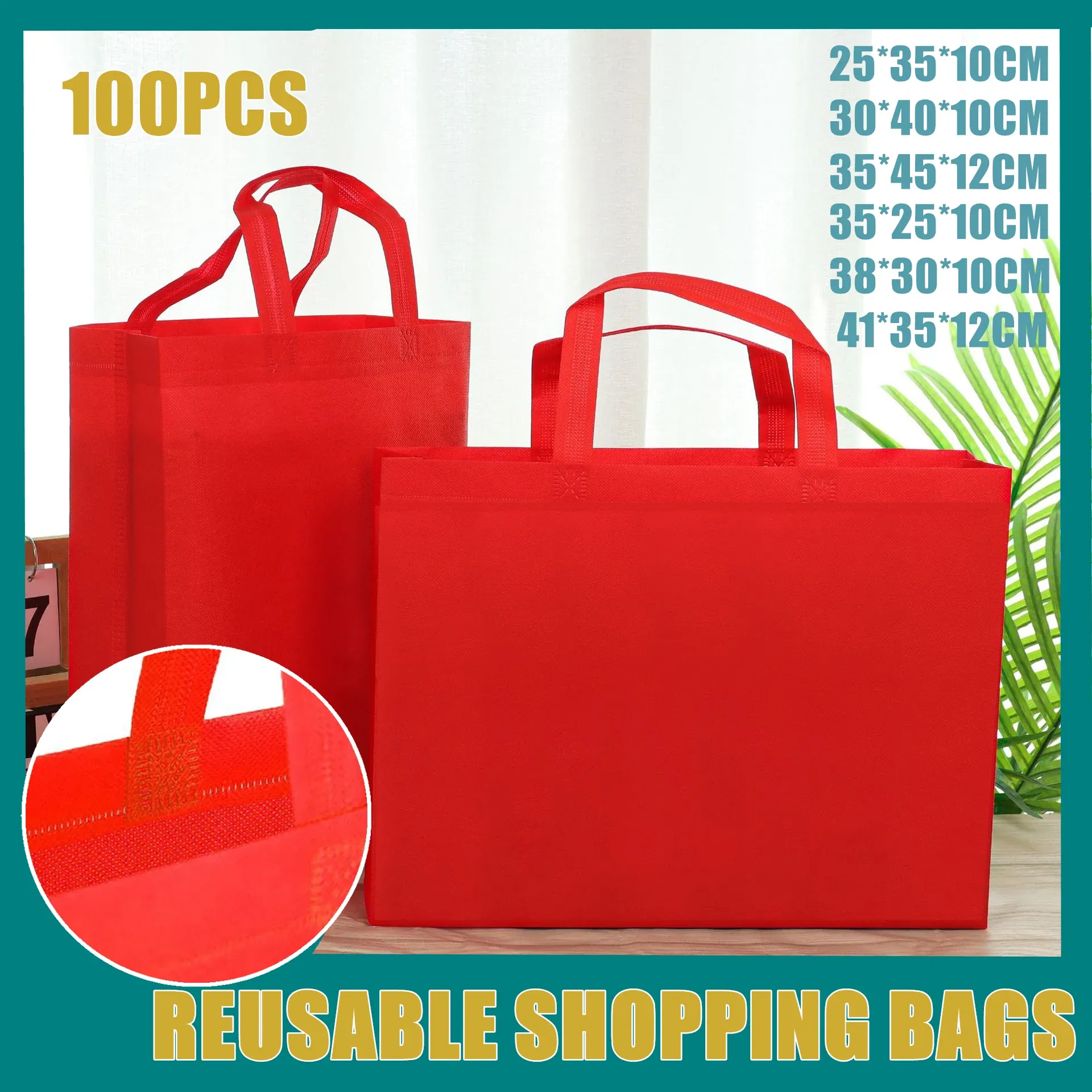100PCS Reusable Non Woven Shopping Bags Eco Friendly Washable Tote Bags Red - 38X30X10CM β image 2
