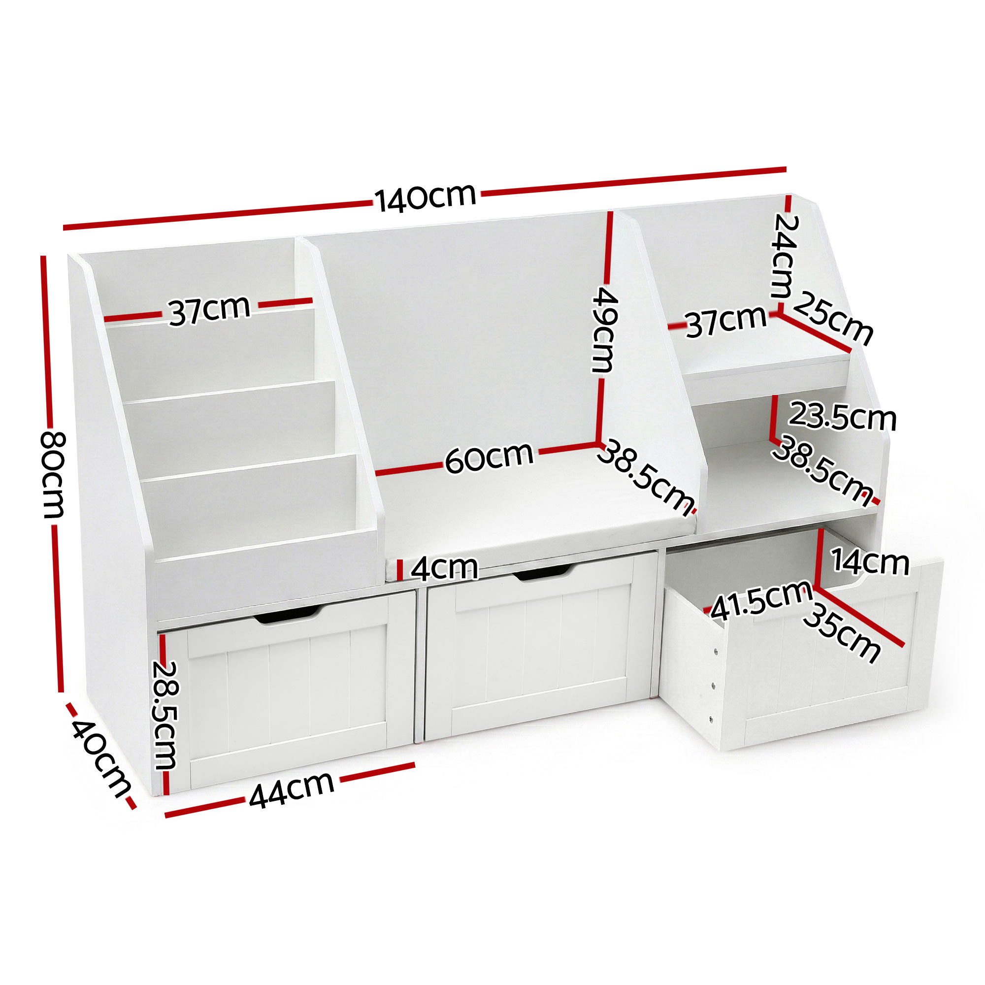 Keezi Kids Bookshelf Storage Organiser Toy Box Drawer Bench Seat Cabinet White โ image 3
