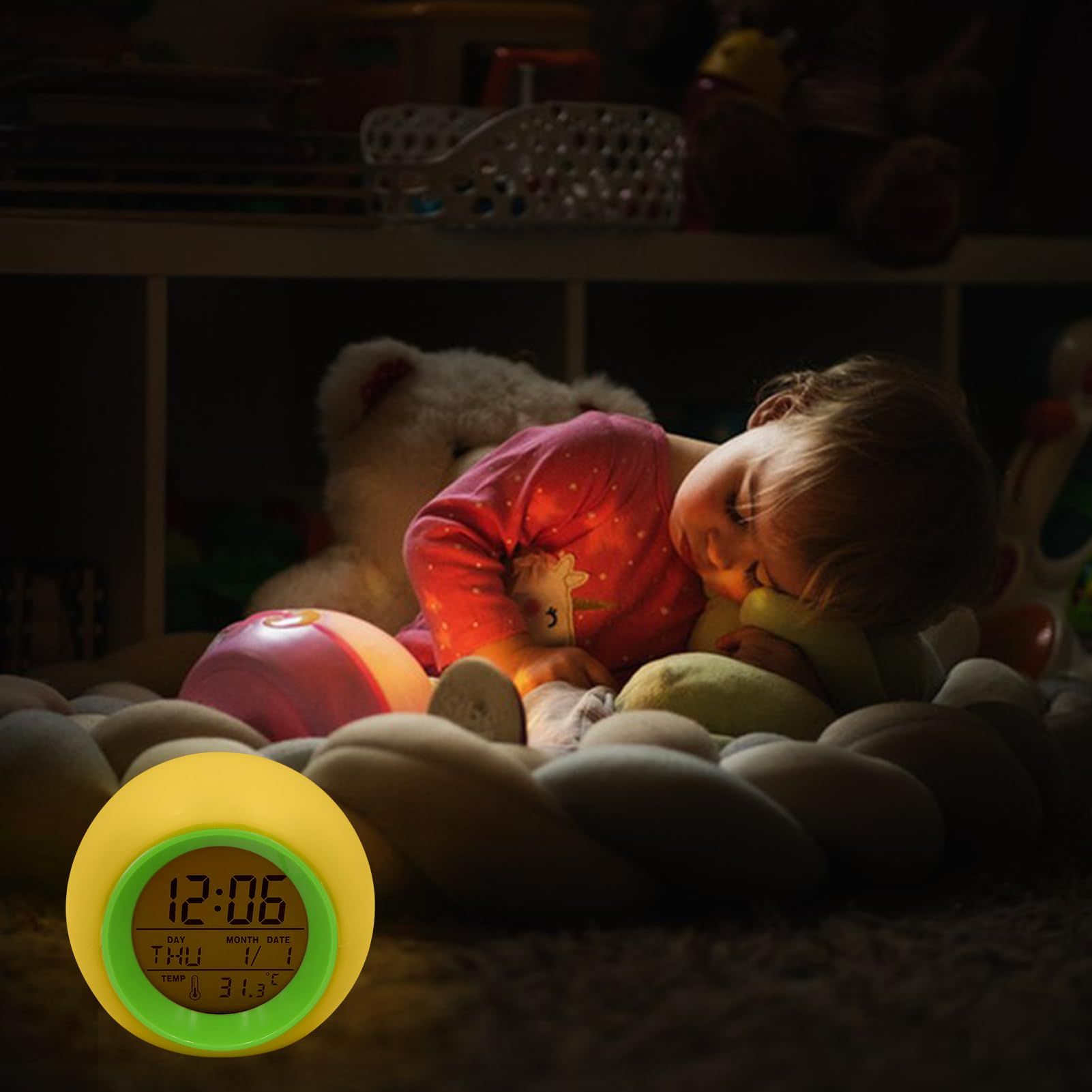 Digital Clock, Digital Alarm Clock with Colorful Light Temperature Detect Snooze Function Battery Operated Multifunctional (Green) — image 3