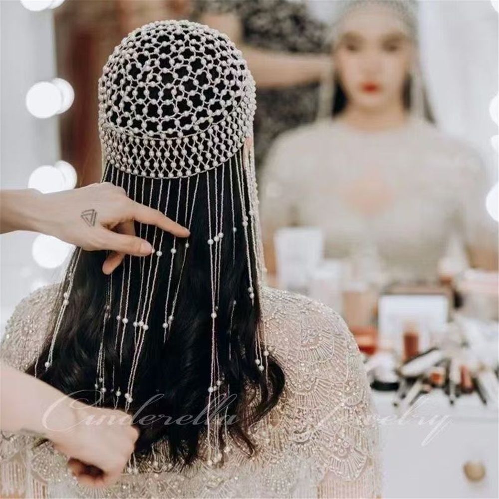 Pearl Flapper Cap Headpiece Head Chain, Jewelry Women Wedding Theme Party Hair Accessories for Women and Girls — image 4