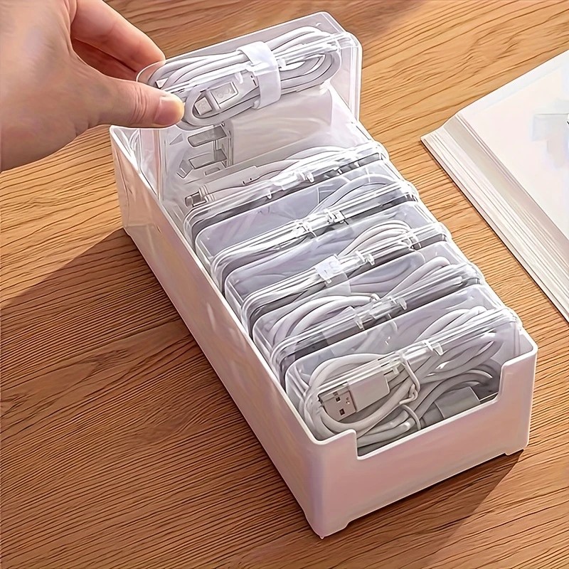 Transparent cable organizer, 7 small + 1 large combo design. Lightweight and durable, stores data cables and chargers, keeps desktop tidy. Ideal storage โ image 2