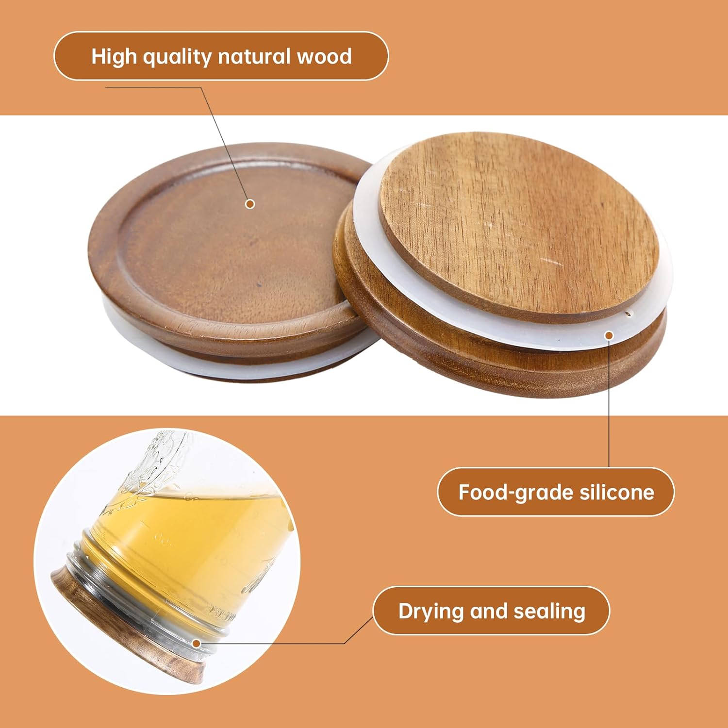 12 Pack Wide Mouth Mason Jar Lids, Reusable Canning Lids with Wooden and Silicone Seals - Perfect for Canning and Preserving in Mason Jars, Brown (12PCS Wide โ image 4