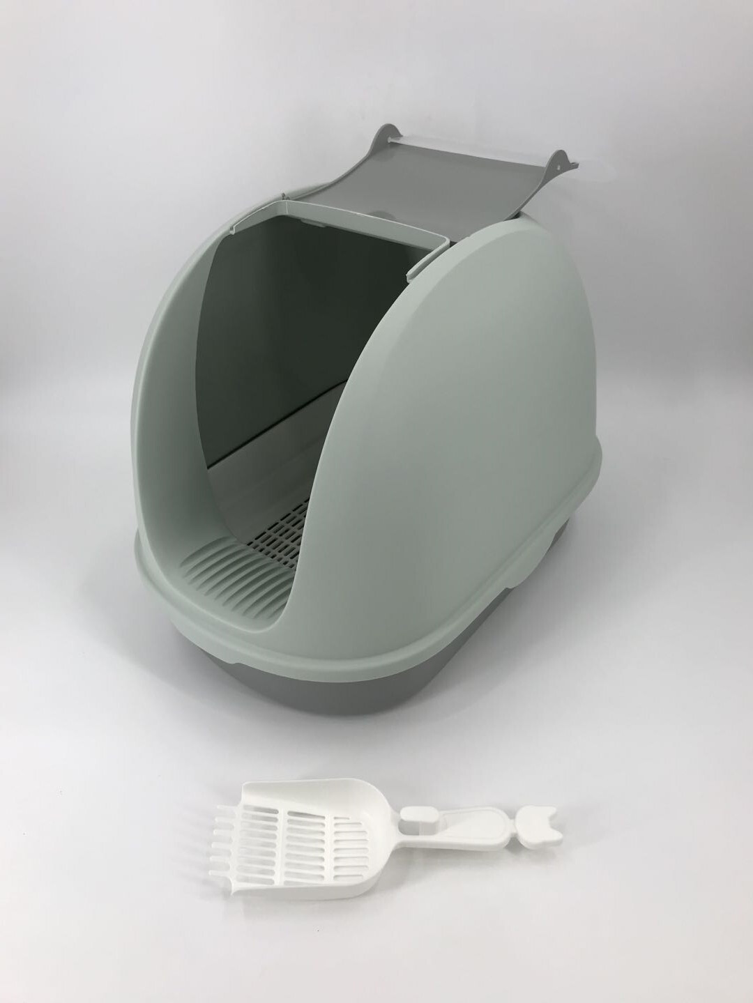 YES4PETS Portable Hooded Cat Toilet Litter Box Tray House with Scoop and Grid Tray Grey — image 2
