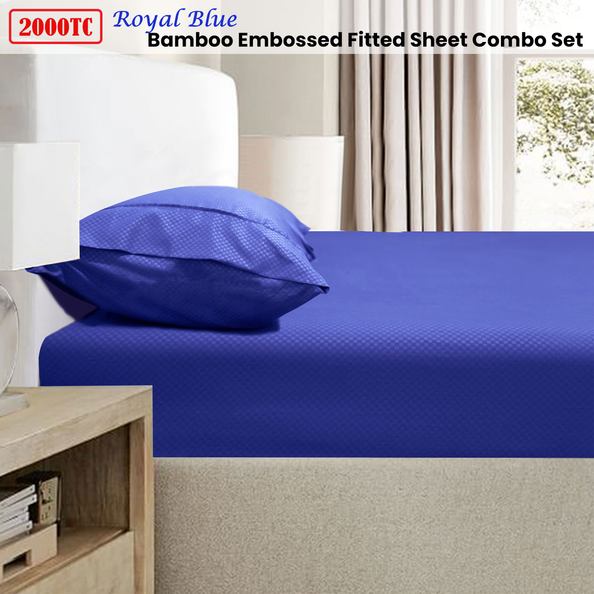 Ramesses 2000TC Bamboo Embossed Fitted Sheet Combo Set Royal Blue Double — image 2