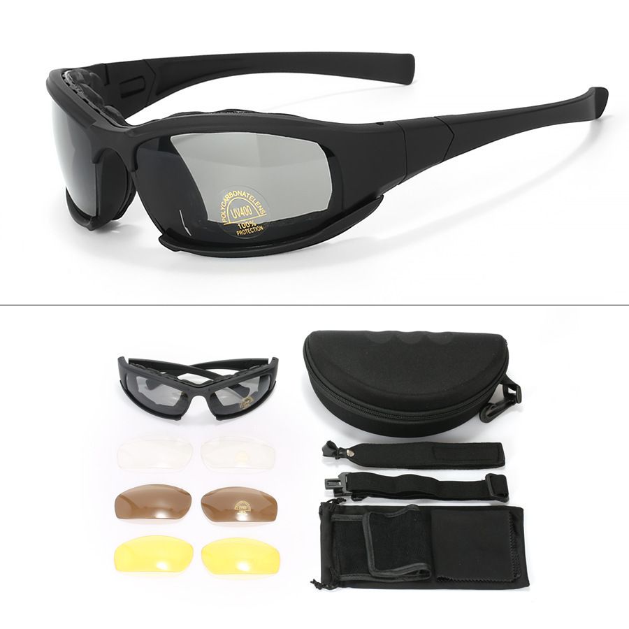 Black Tactical Protection Goggles with Storage Box and Elastic Straps (PC 4-Lens Set) - Windproof, Dustproof, UV Protection for Cycling, Tactical shooting and