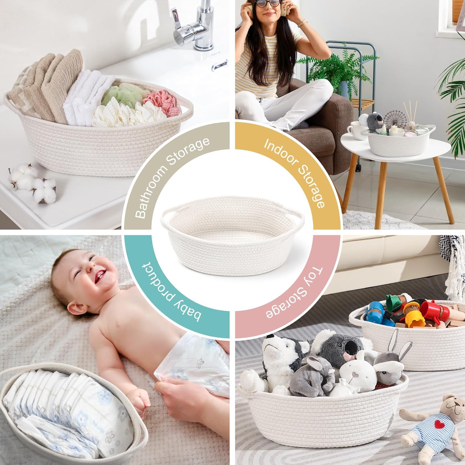 4 Pack Small Woven Basket with Handles, All 12"x 8"x 5", Cotton Rope Room Shelf Storage Basket, Cat Toys, Cute Baby Gift Bags and Ribbons for Nursery, Empty — image 3