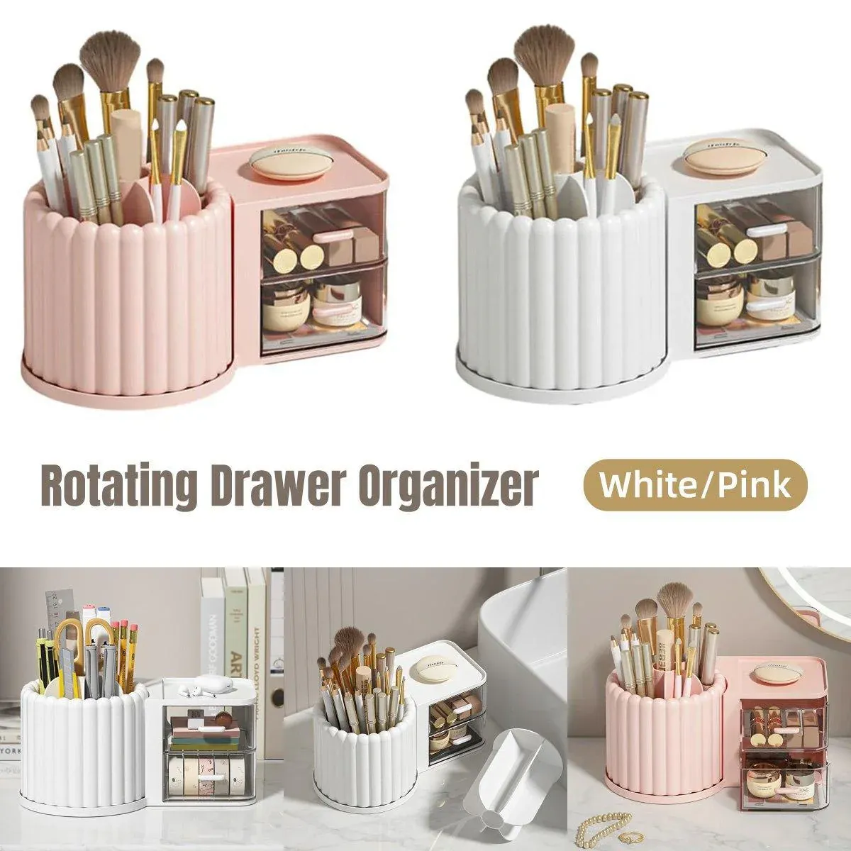 Rotating Cosmetic Pen Holder Dustproof Waterproof Storage Box Sanitary Organizer - White β image 2