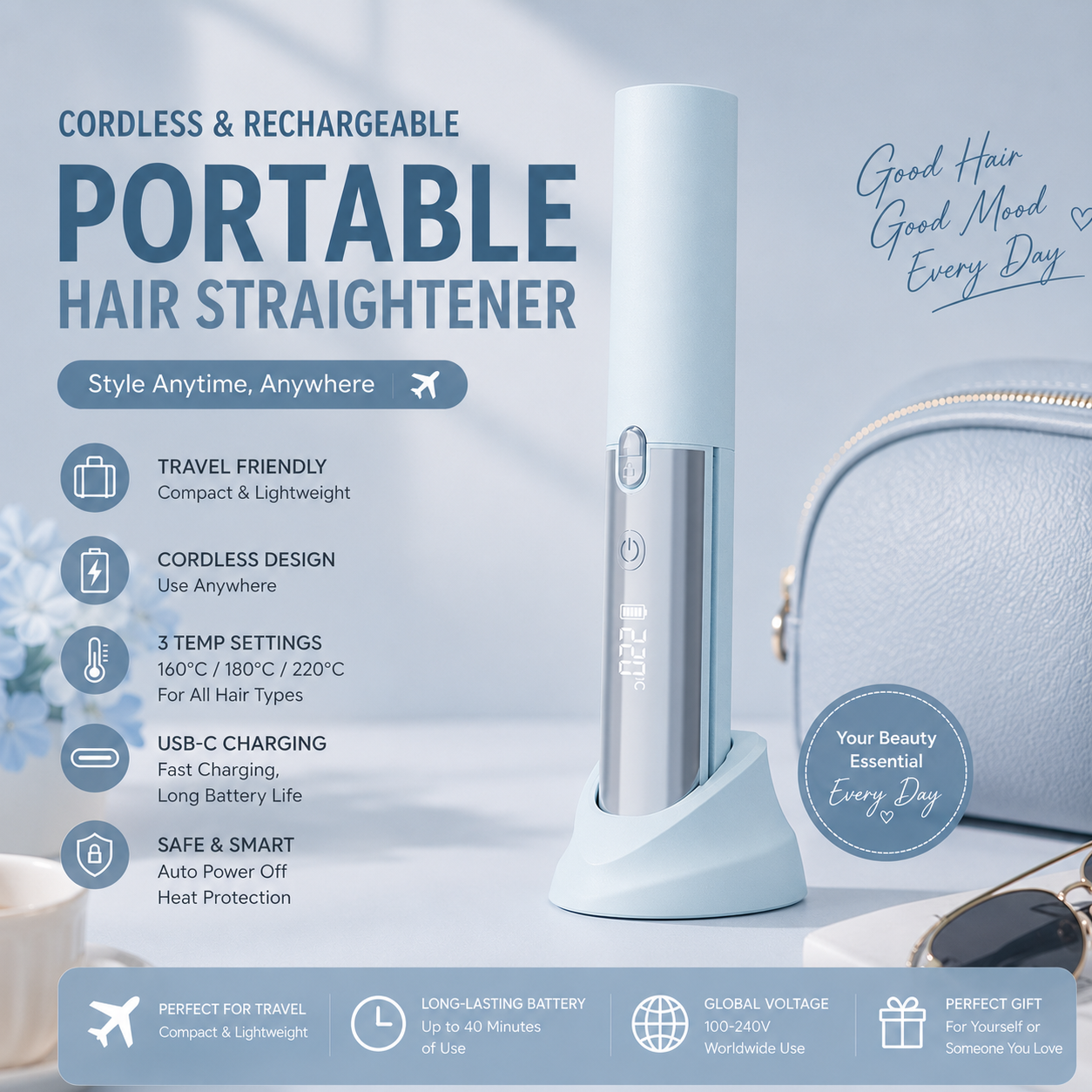 Blue Portable Cordless Hair Straightener Brush Rechargeable Mini Hair Styling Comb, USB-C Fast Charging, 4 Temperature Settings 140-220°C, Anti-Scald Design