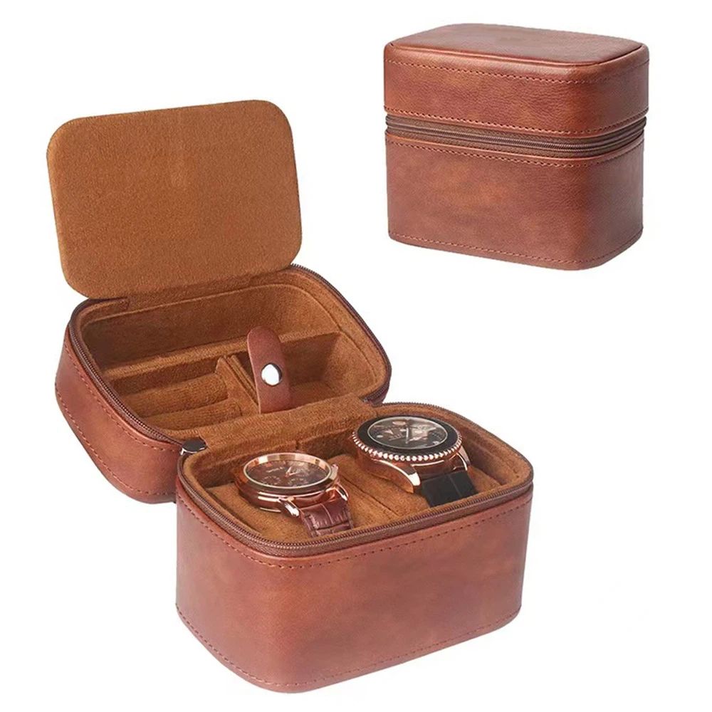 2 slot watch travel case organizer, hard watch travel box with insert for rings, cufflinks, bracelet,organization(Brown) — image 2