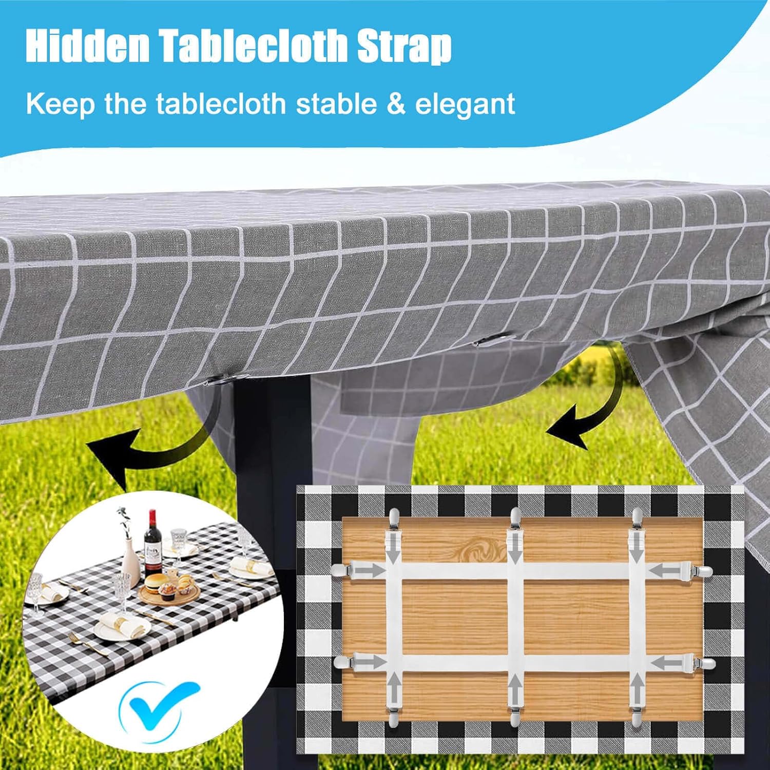 Table Cloth Holder Clips Hidden Strap 5 Pack, Adjustable Elasticity Picnic Tablecloth Clip Indoor Outdoor Large Clamp for Thick Tables Bench Cover Party — image 2