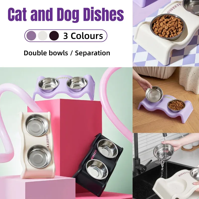 Pet Bowls Stainless Steel Double Bowl Wavy Cat Dog Feeding Dish Nonslip Base - Black — image 2