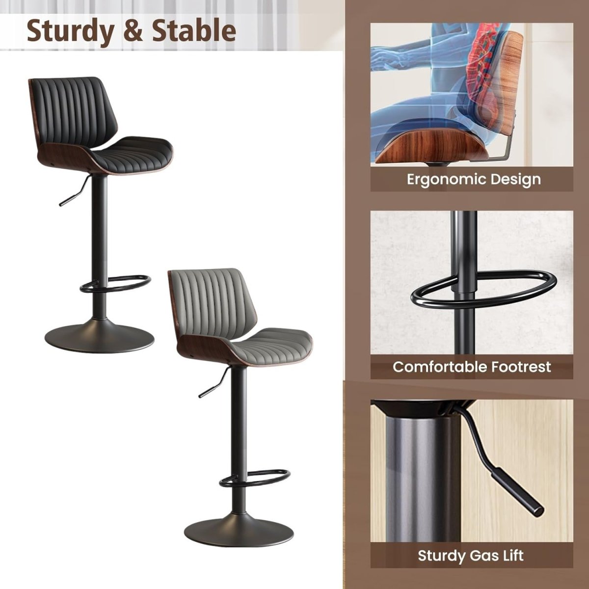 SERENITà European Wooden Modern Bar Stools Bistro Stool with Rotating and Aerodynamic Multi-levelled (Grey) — image 3