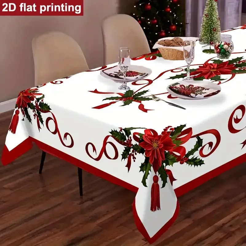 Polyester Christmas Tablecloth, Red and Green Floral Vintage Print Holiday Decoration(140*240CM/55*94.49IN) — image 5