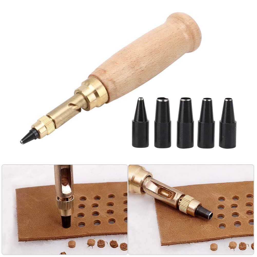Adjustable Screw Hole Punch Automatic Hole Punch Tool with Wood Color Wooden Handle Bookbinding Tool Leather Hole Punch with 6 Tips Size — image 4
