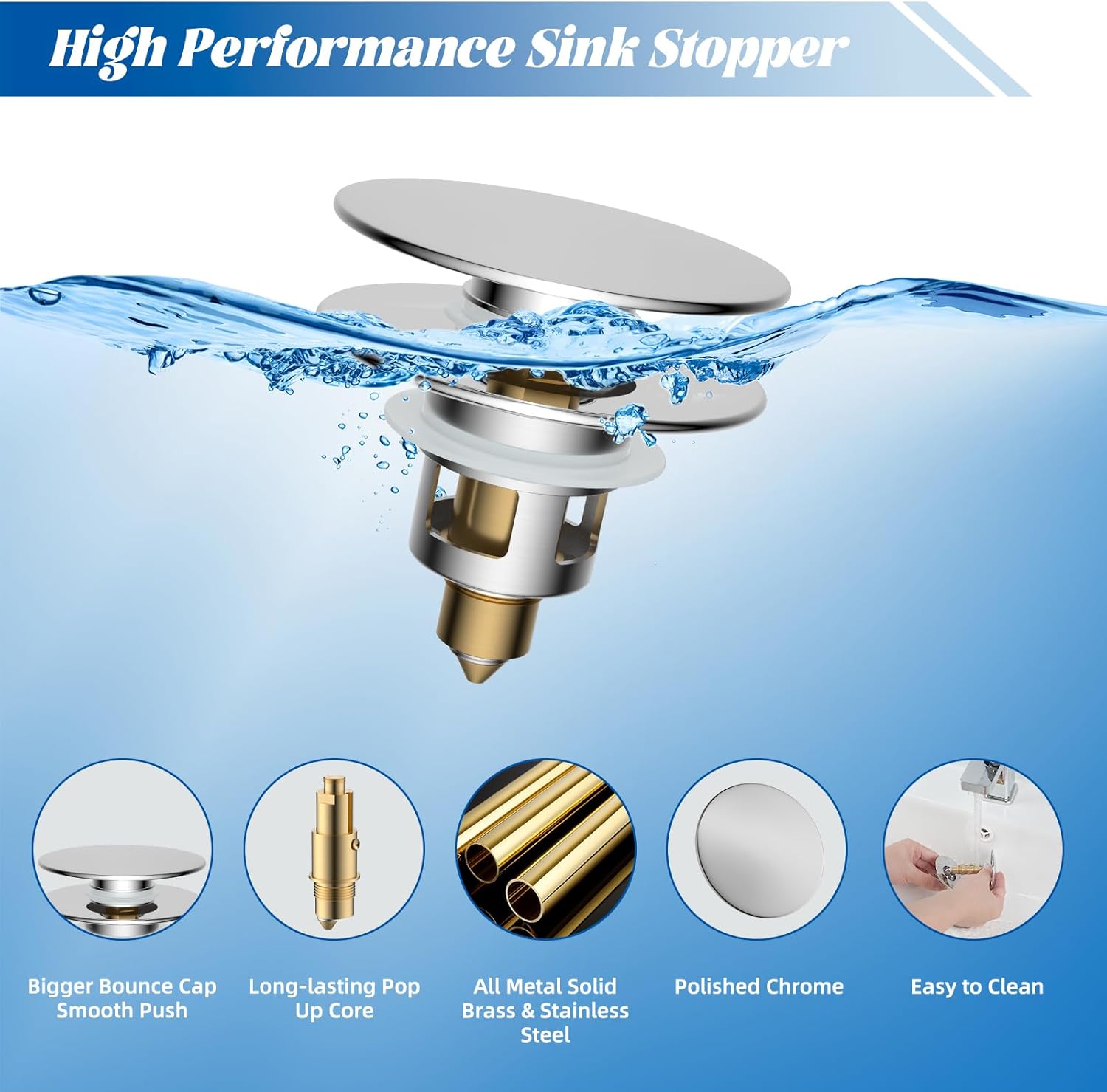 2 Pack All Metal Upgraded Bathroom Sink Stopper, Universal Pop Up Sink Drain Strainer, Brass Bullet Core Push Type Sink Stopper for 1''~2.3''' Basin, Anti β image 2