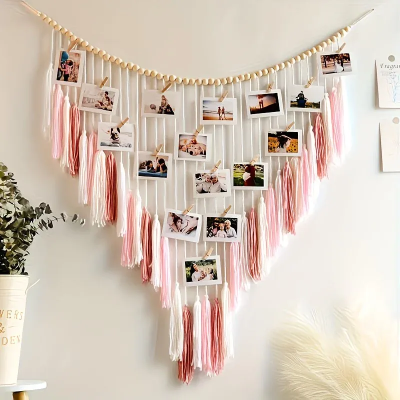 Bohemian Woven Wooden Bead Tassel Photo Wall Hanging: Cotton Handmade Clip-On Tapestry, Warm and Healing Decoration for Bedroom and Living Room — image 6