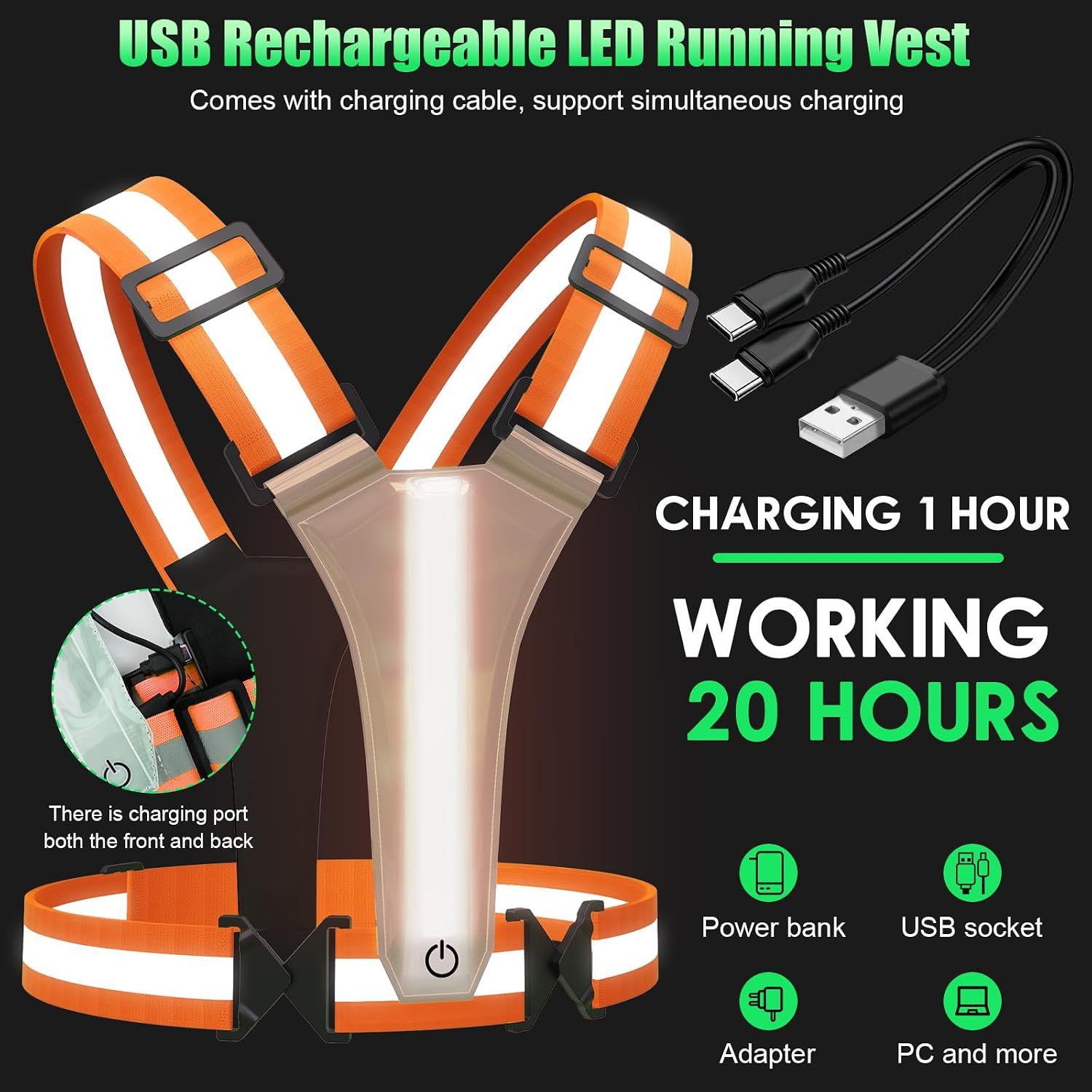 Rechargeable LED Reflective Running Vest, Adjustable High Visibility Safety Gear for Night Walking, Cycling, Jogging and Exercise, Orange — image 5