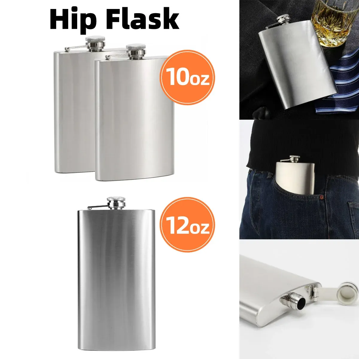 10/12oz Liquor Pocket Hip Flask Stainless Steel Whiskey Screw Cap Flagon Use - 10oz-2pcs — image 2