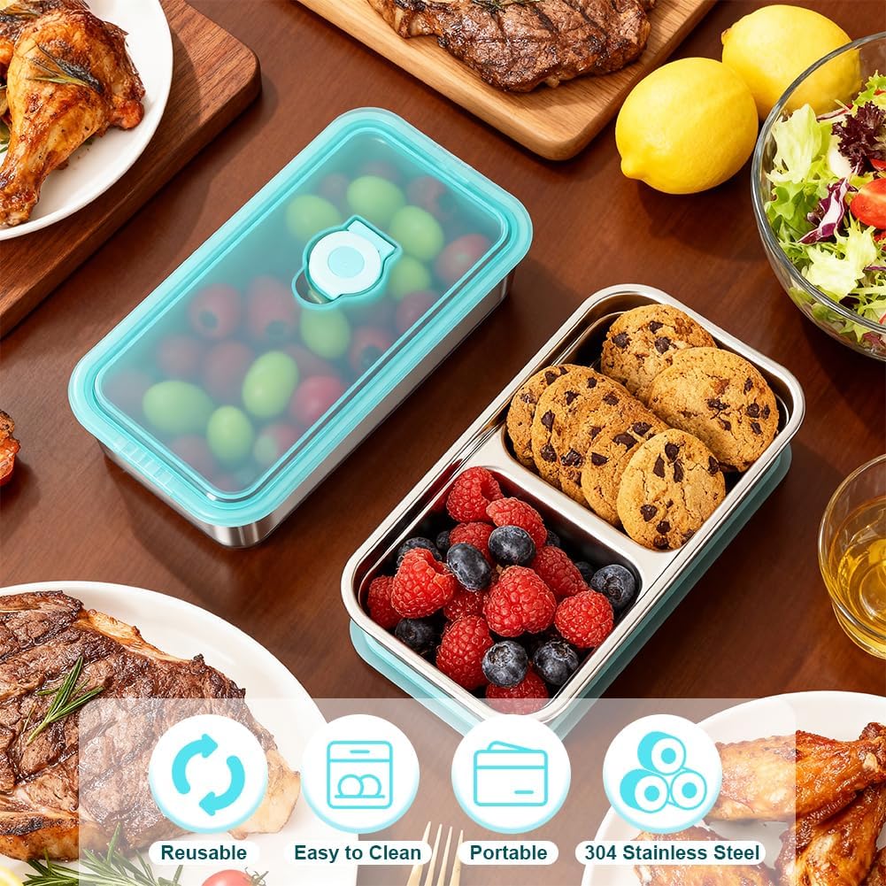 YQL 2 Pack Stainless Steel Food Containers with Lids, Double & Single Compartment Snack Boxes for Kids, Leakproof Reusable Bento Box for Lunch Prep, Travel β image 6