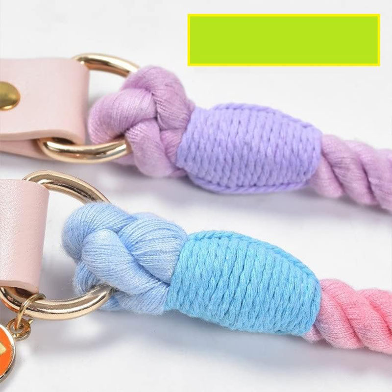 pink+purple Hand-Woven Rainbow Cotton Rope Dog Leash and Collar Set - Adjustable Veg-Tanned Leather Trim with Heavy Duty Metal Hardware - 150cm Training Lead — image 6