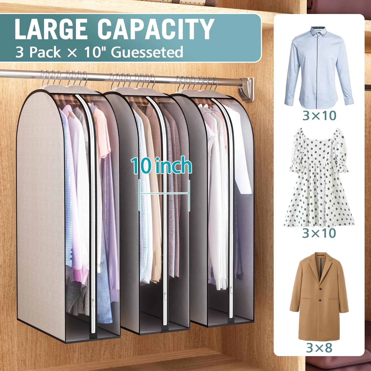 10" Gusseted Garment Bags for Hanging Clothes 40" Suit Bags for Open Closet Storage, Side Clear Clothing Cover for Coat, Dress, Jacket, Shirt, Fur Wardrobe — image 2