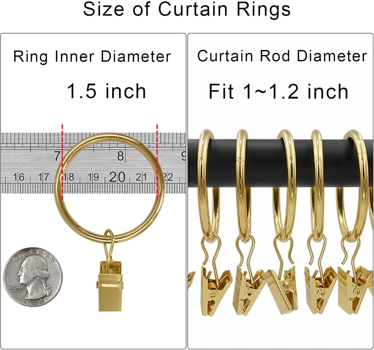 Metal Curtain Hooks with Clamps and Rings - 40 Pieces - Drapery Clip Hooks - Metal Curtain Rings - Decorative Curtain Rod Clips - Hooks - Shower Curtain — image 2