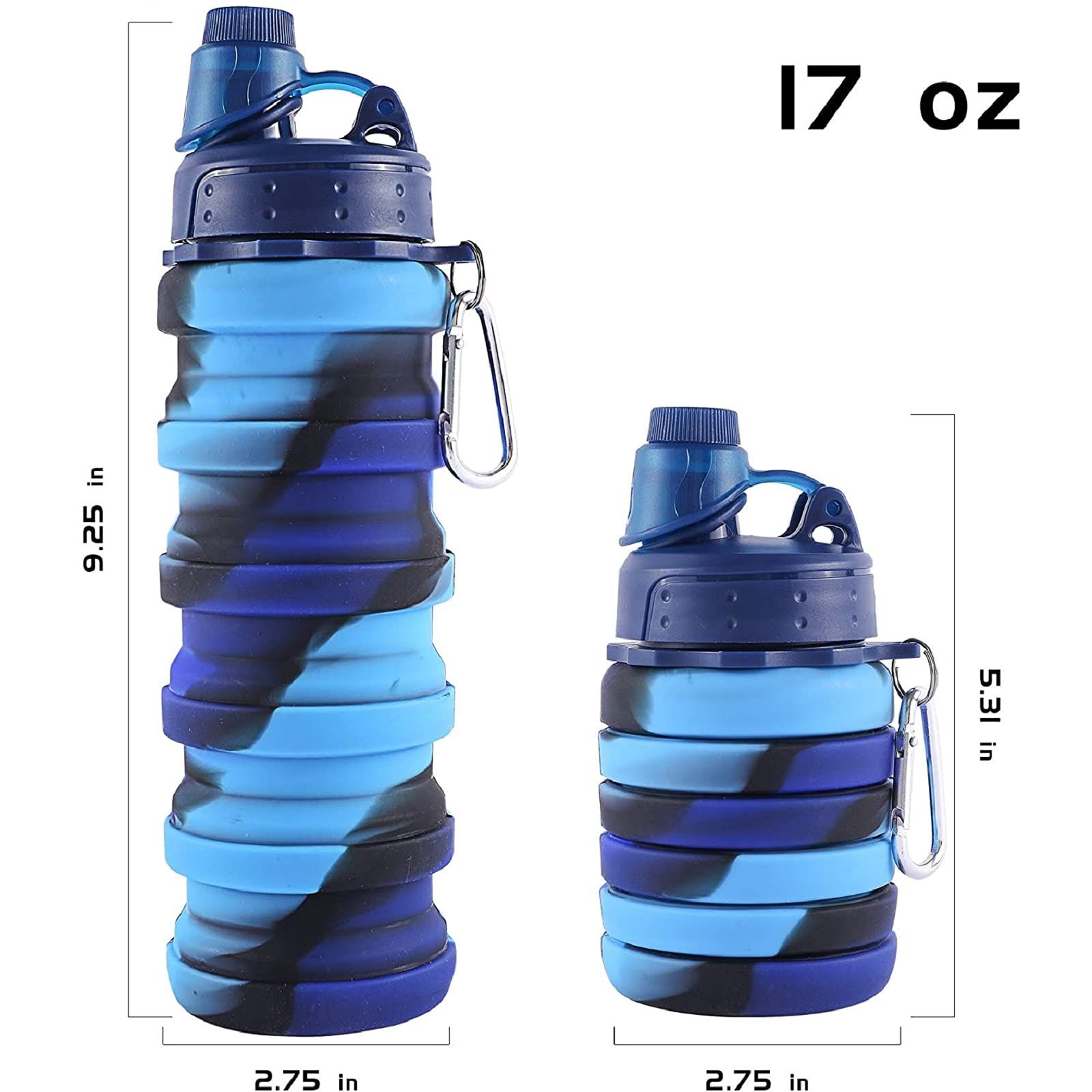 Collapsible Silicone Sports Water Bottle, 500ml Adjustable Size Reusable Leak Proof Water Easy to Carry Kettle (Camouflage Blue) — image 3