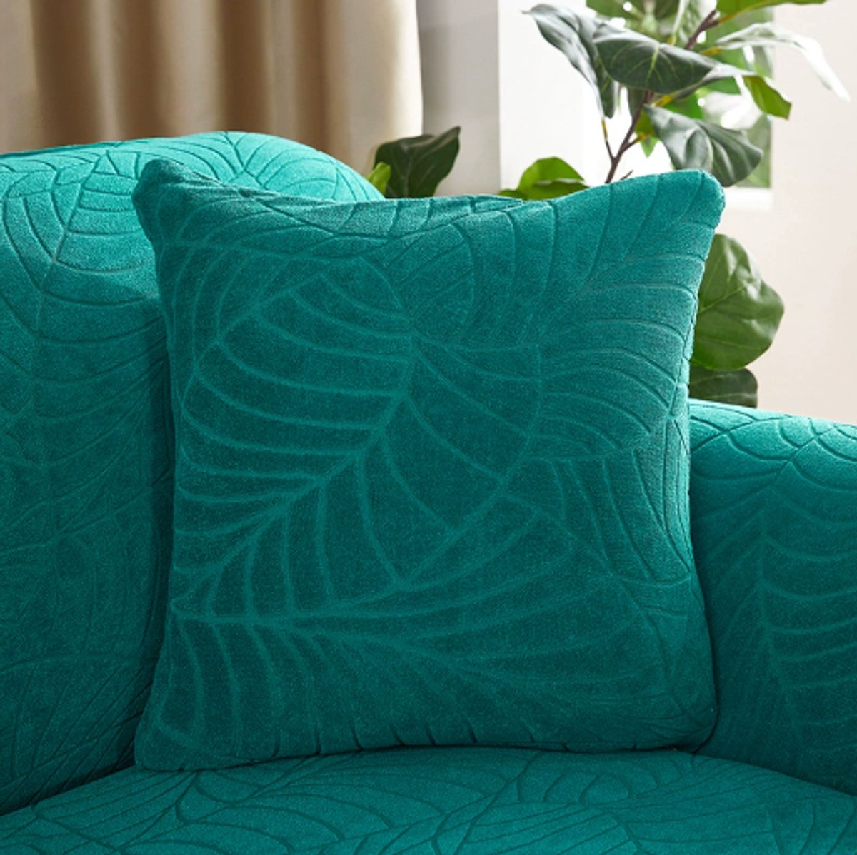 Waterproof cushion cover 45 × 45 - Set of 2 cushion covers - Bright green jacquard leaf pattern
