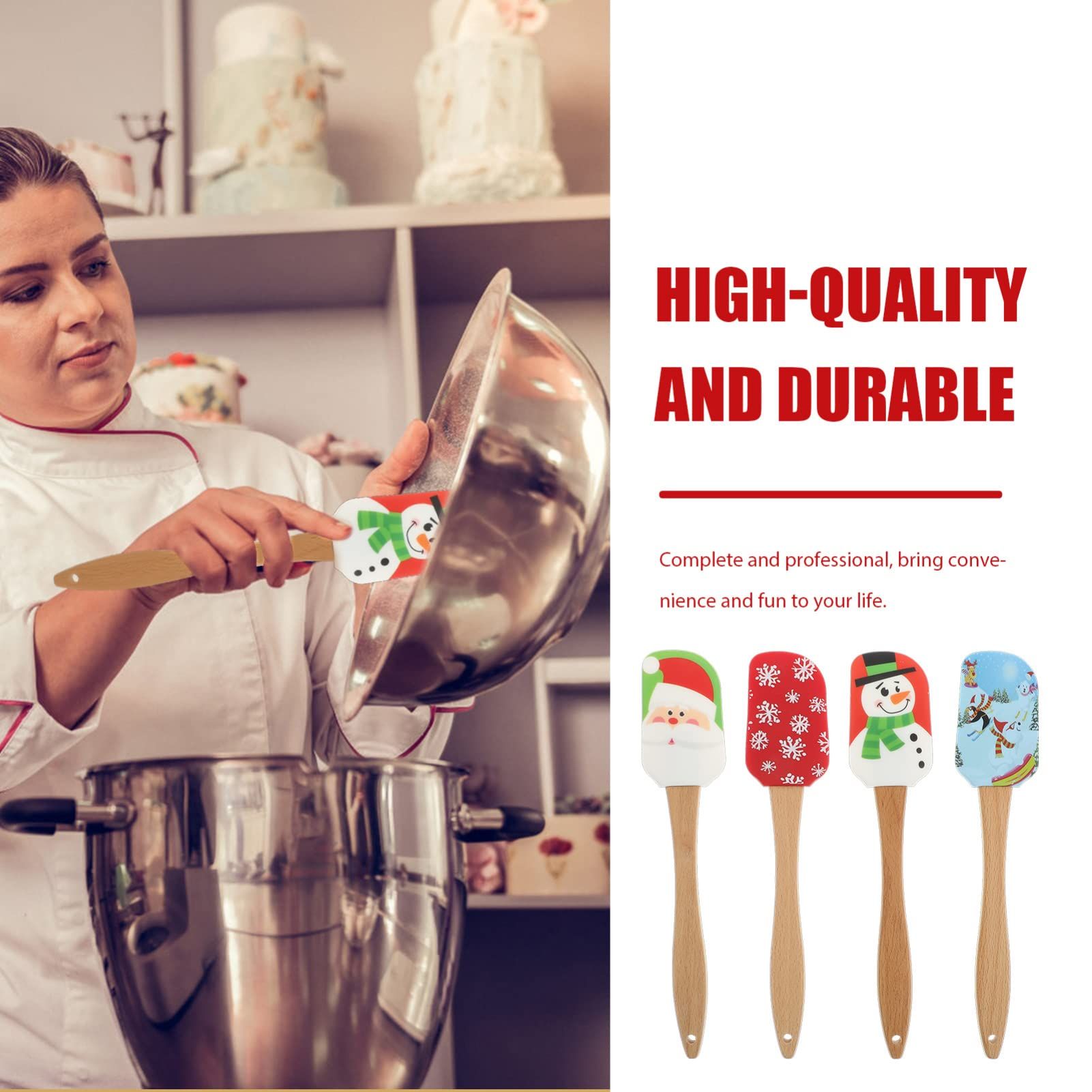Christmas Spatulas for Baking, 4 Pieces Christmas Spatula Set Kitchen Christmas Silicone Spatula Set with Wooden Handle — image 3