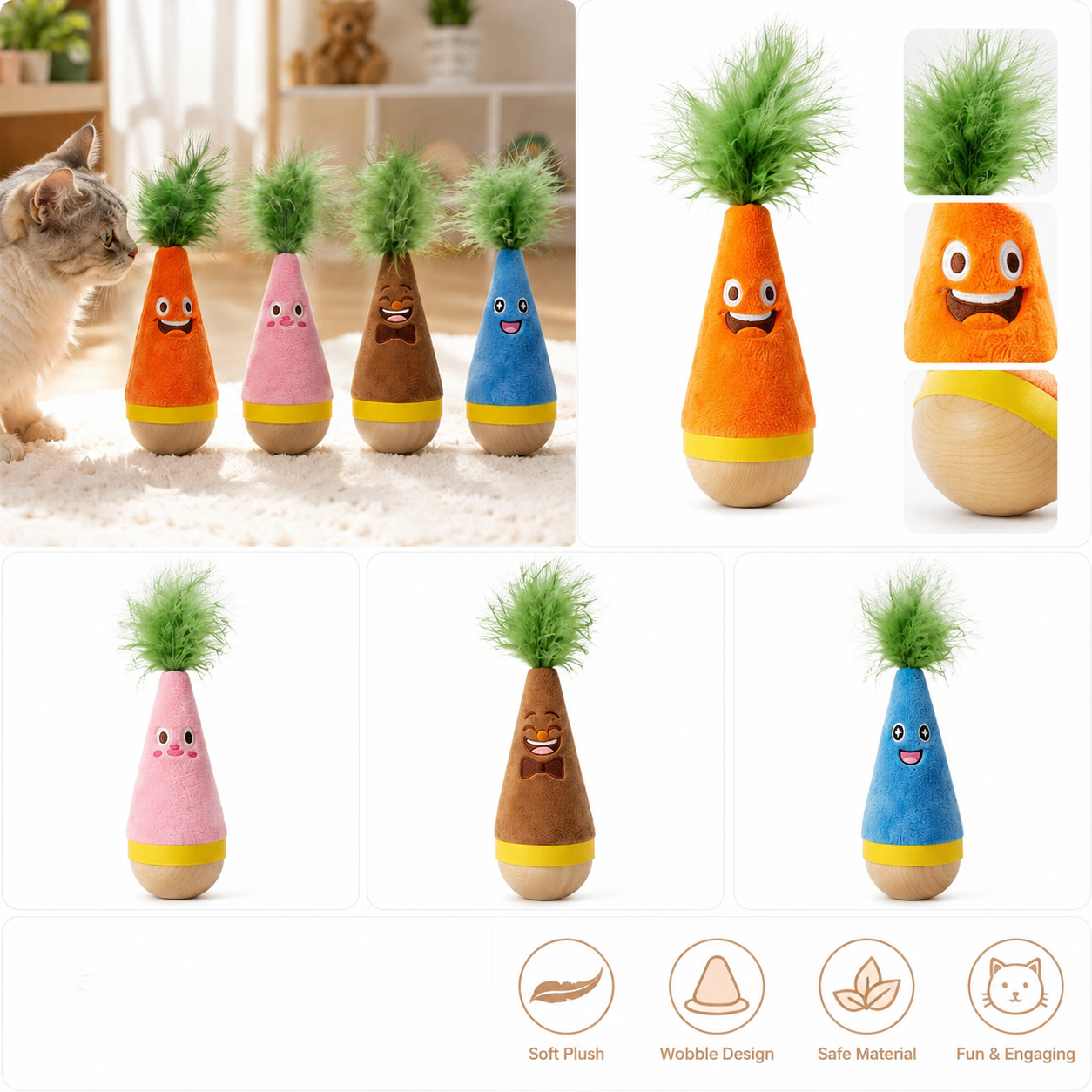 Interactive Feather Wobble Cat Toy - 2 Brown Tumbler Teaser Toys for Cats — image 3