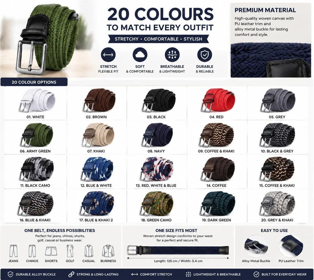 Blue Coffee Khaki Tri-color Canvas Belt 125cm Stretch Woven Golf Waist Strap — image 3
