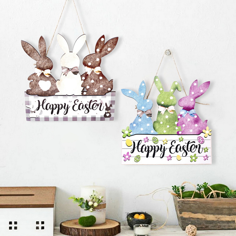 Colorful 2-Pack Easter Bunny Wooden Sign – Colorful Wooden Hanging Decor with "Happy Easter" Text, Spring Door or Wall Decoration for Home and Party — image 2