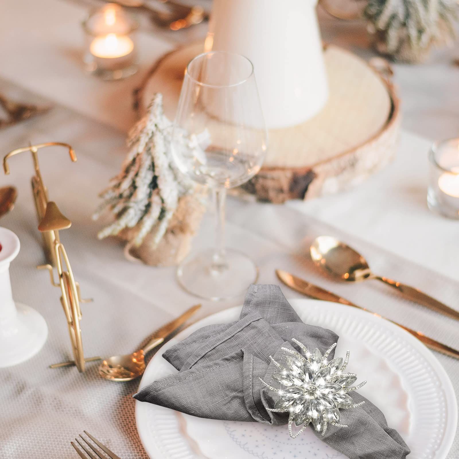 Bling Metallic Napkin Rings Set of 12, Elegant Alloy Diamond Snowflake Napkins Ring Decor Gifts for Weddings, Receptions(Silver) — image 3