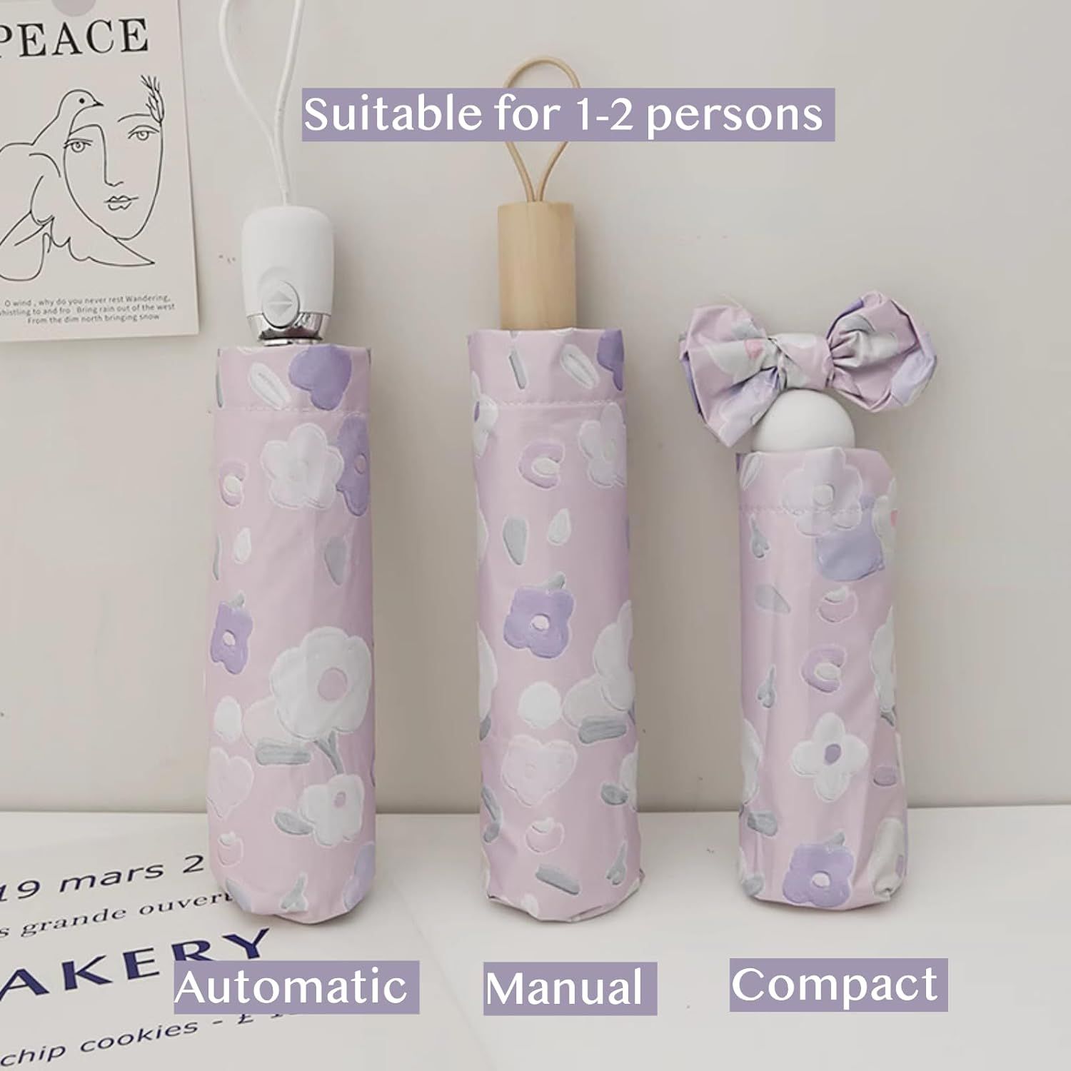 Women's Purple Floral Auto-open Sun & Rain Umbrella, UV Protection Compact Travel Umbrellas UPF 50+ with Cover Bag โ image 2