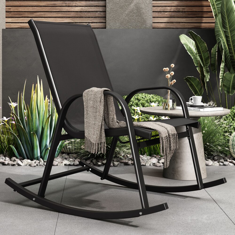 Rocking Chair High Back Rocker Chairs Steel Metal Textilene Fabric-Black — image 2